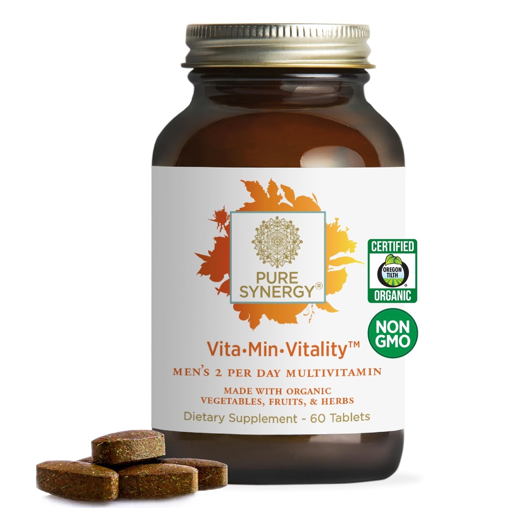 PURE SYNERGY Vita·Min·Vitality | Erkekler için Doğal Çokvitamin | Organik Tüm Gıdalarla Yapılan Günlük Multivitamin | Enerji, Stres ve Immune Desteği (60 Tablet)