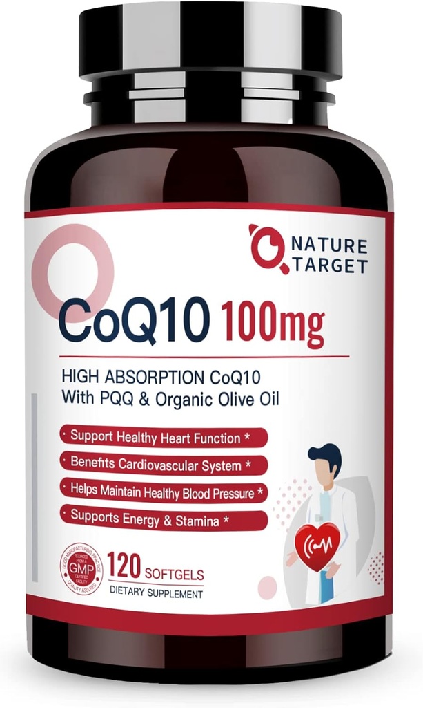 N Vitamin TARGET CoQ10-100 mg-Softgels with 10 mg PQQ - High Abxia Coenzyme-Q10 with Organic-Olive-Oil - Antioxy for Heart & Brain Health, Cellular-Energy-Production, 120 hizmet