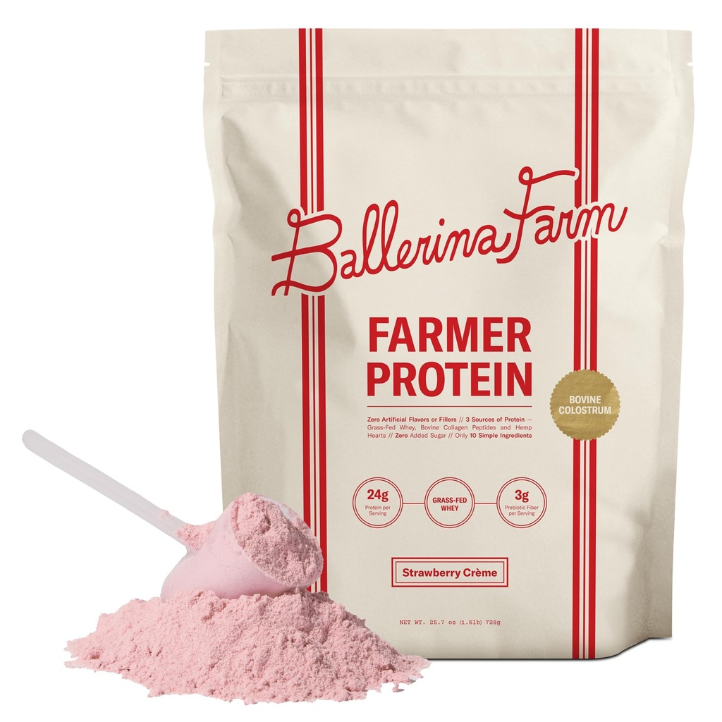 Ballerina Farm Grass Fed Whey Protein Powder Strawberry Crème, 24g Protein with Collagen Peptides, Bovine Colostrum, Hemp Hearts, Prebiotic Fiber, No Added Sugar or Artificial Ingredients, 20 Servings