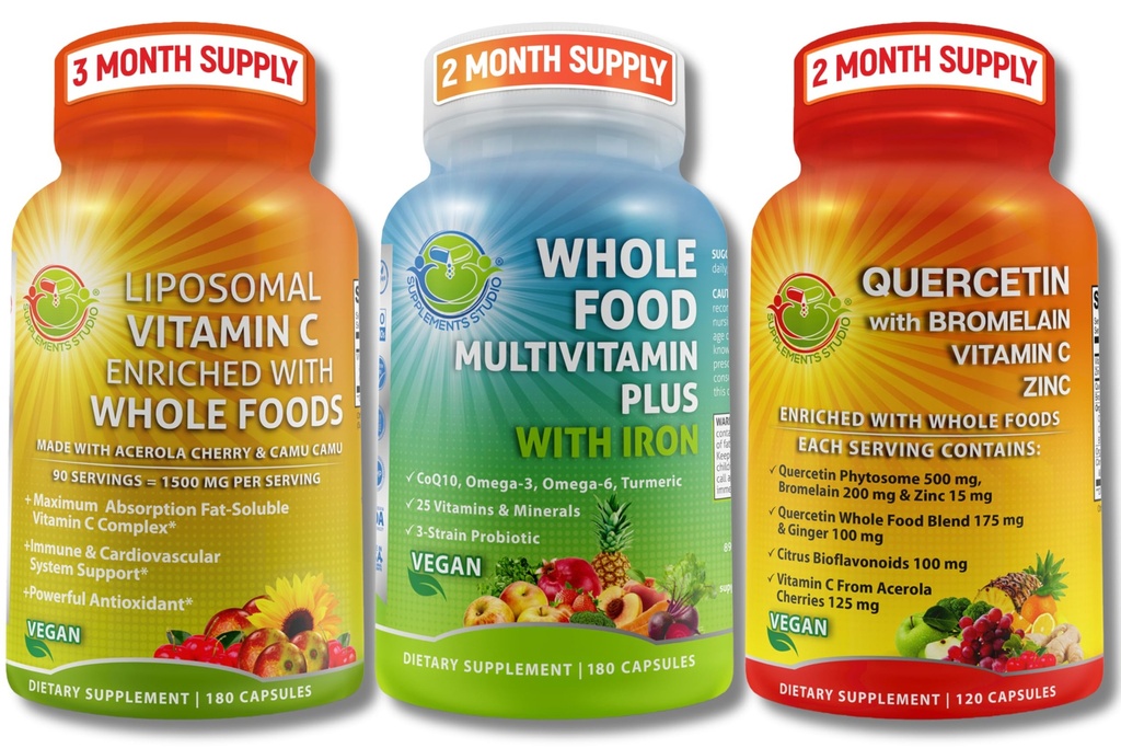ΣΥΜΠΛΗΡΩΜΑΤΑ STUDIO Vegan Immune, Energy & Whole Body Support Bundle – Vegan Whole Food Multivitamin with Iron + Liposomal Vitamin C 1500mg + Quercetin with Bromelain, Zinc, and Vitamin C – Non-GMO