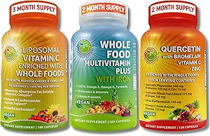 ΣΥΜΠΛΗΡΩΜΑΤΑ STUDIO Vegan Immune, Energy & Whole Body Support Bundle – Vegan Whole Food Multivitamin with Iron + Liposomal Vitamin C 1500mg + Quercetin with Bromelain, Zinc, and Vitamin C – Non-GMO