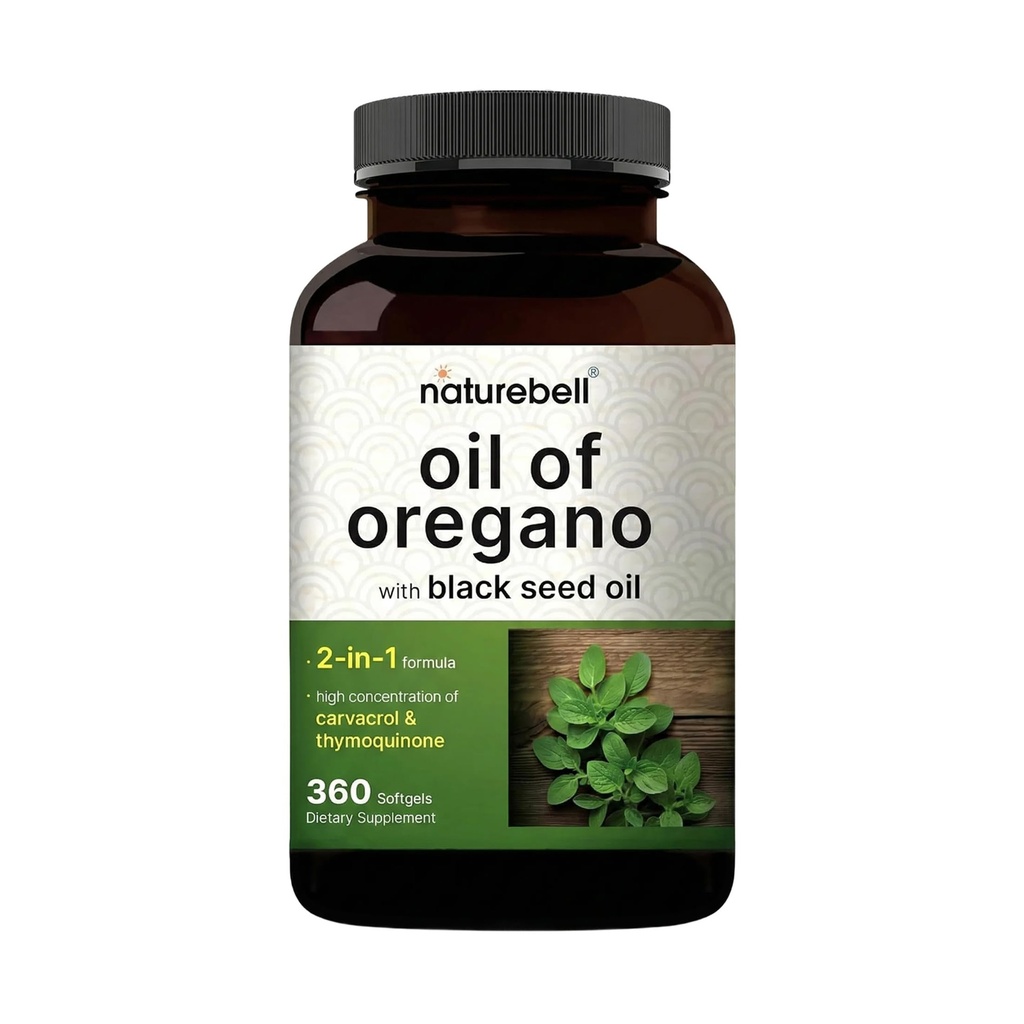 NatureBell Oregano Oil with Black Seed Oil, 360 Softgels | 360 günlük Supply Essential Oils for Immune Health | Retains High Tempd Carvacrol & Thymoquinone – Non-GMO