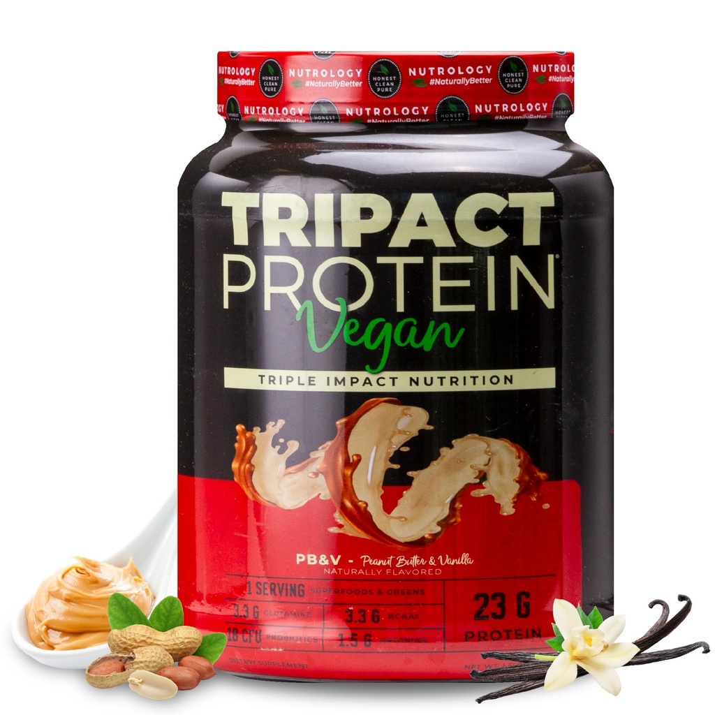 Nutrology TRIPACT Vegan Protein Pea, Rice & Pumpkin Protein, BCAAs & Glutamine Plant-based Meal Replacement Shakes for Mus Recovery & Immunity, Φυστικοβούτυρο & Βανίλια, 20 Services