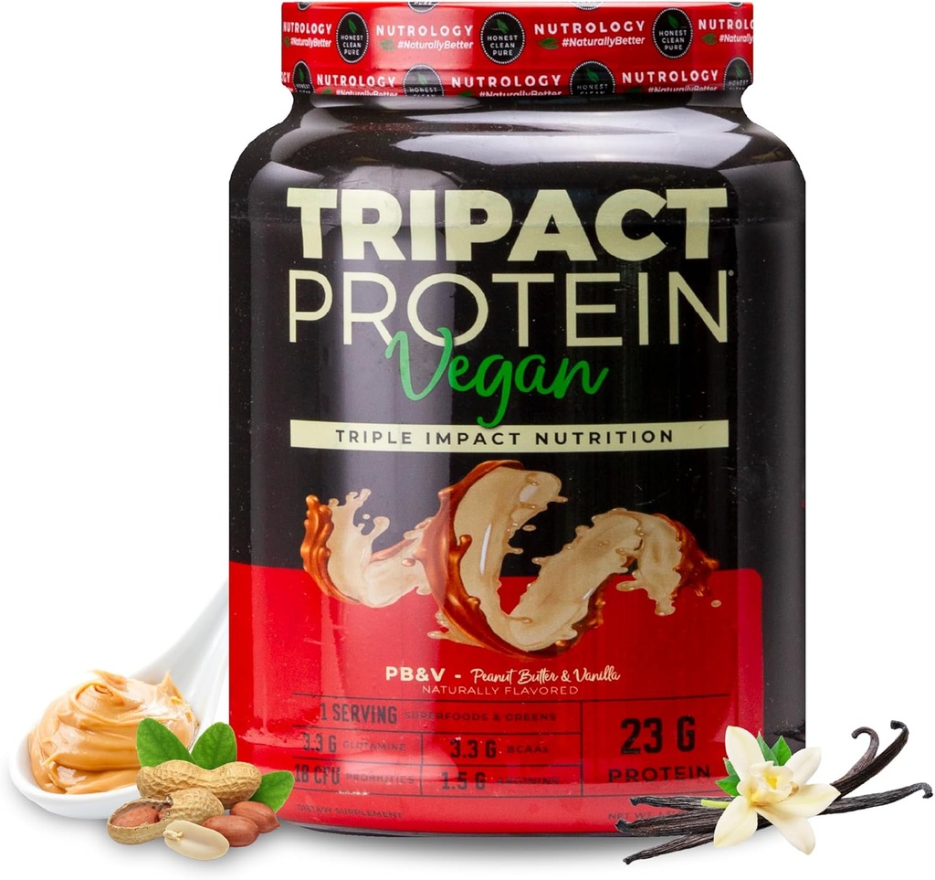 Nutrology TRIPACT Vegan Protein Tozu - Organik Pea, Rice & Riley Protein, BCAAs & Glutamine Plant-Based Mealchange Shakes for Muscle Recovery & Immunity, Peanut Butter & Vanilla, 20 Servisler