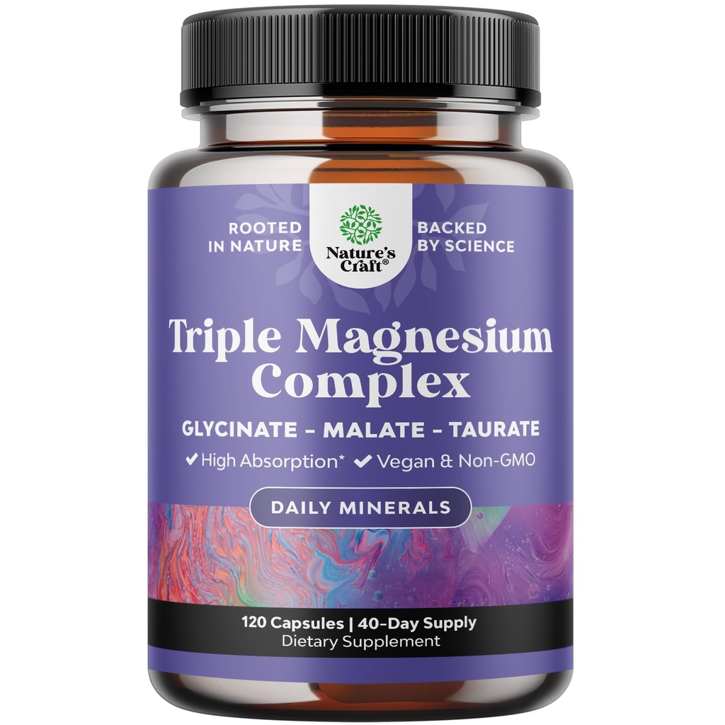 Triple Kompleksi Tamam - Yüksek Abhidrasyon Glycinate, Malate & Taurate Assembly for Muscles, Energy Support & Heart Health - Triple Mg Kompleksi 400 mg Capsules - 120 Kont Kont Kont