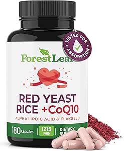 ForestLeaf Red Yeast Rice with CoQ10 Supplement - 1215mg Extra Strength Red Yeast Rice Capses with Alpha Lipoic Acid & Organic Flaxseed, Citrinin Free - 180 Capsles