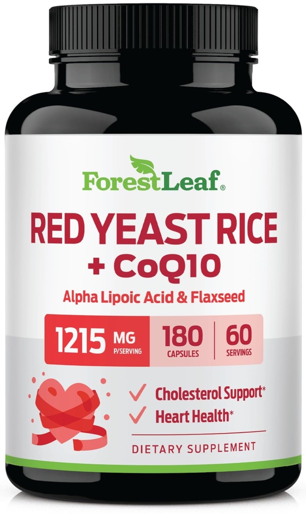 ForestLeaf Red Yeast Rice with CoQ10 Supplement - 1215mg Extra Strength Red Yeast Rice Capsules with Alpha Lipoic Acid & Organic Flaxseed, Citrinin Free - 180 Capsules