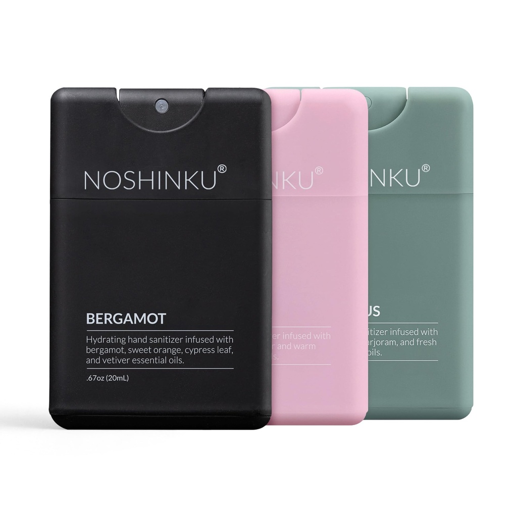 Noshinku - Refillable Hand Sanitizer Discovery 3-Pack, Travel Size Spray with Hydrating Botanical Oils, Natural Ingredients, All Natural Fragrances, Sugarcane Derived Alcohol, No Parabens, No Dyes