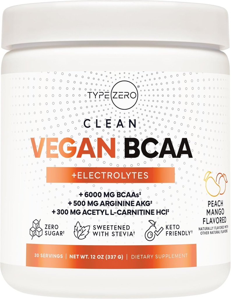 Ultra Clean Vegan BCAA Toz + Elektrolytes (Peach Mango | 6G) 2:1 Sugar-Free/No Sucralose BCAAs Amino Asits Supplement for Women/Men - Best BCAA Vegan Acids After Post Workout Recovery Drink