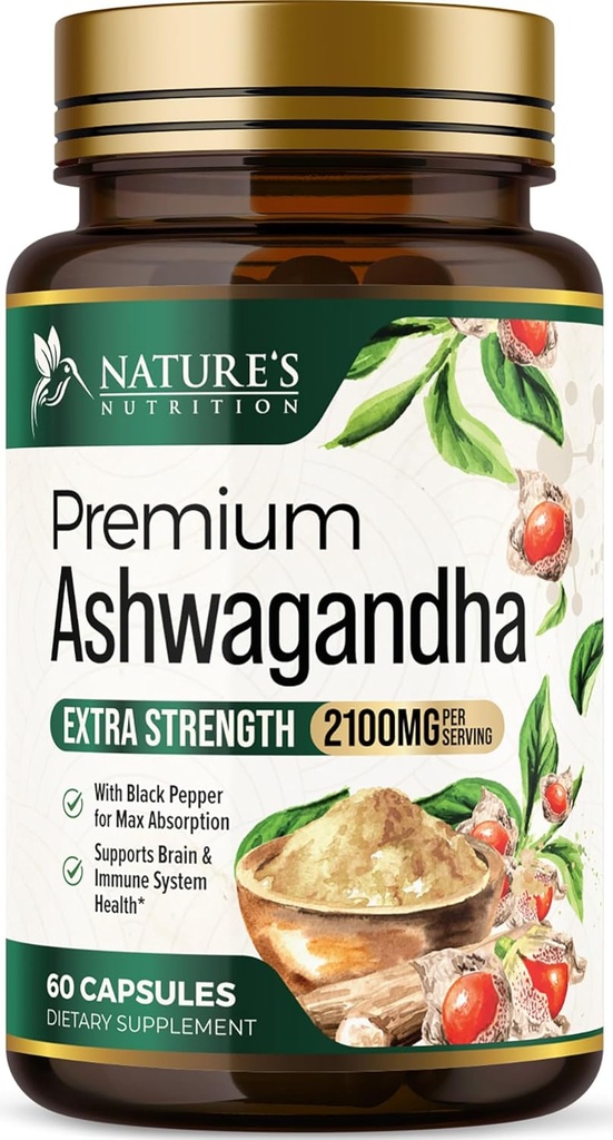 Ashwagandha Συμπληρώματα - 2100mg Ashwagandha κάψουλα για γυναίκες & άνδρες, φυσική αντιοξειδωτική υποστήριξη, εκχύλισμα ρίζας Ashwa, επιπλέον δύναμη ήρεμη υποστήριξη με μαύρο πιπέρι, Vegan & χωρίς γλουτένη - 60 κάψουλες