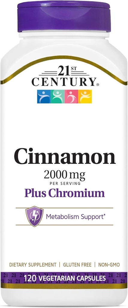 21st Century 2000 mg Cinnamon Plus Chromium Vegetarian Capsules (120 Kont), Cinnamon Supplements Supports Sugar & Carbohidrat Metabolism, Gluten-Free, Non-GMO, Hayır ekledi Yapay Flavors