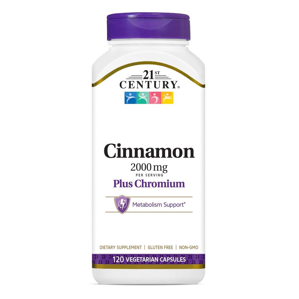 21st Century 2000 mg Cinnamon Plus Chromium Vegetarian Capsules (120 Kont), Cinnamon Supplements Supports Sugar & Carbohidrat Metabolism, Gluten-Free, Non-GMO, Hayır ekledi Yapay Flavors