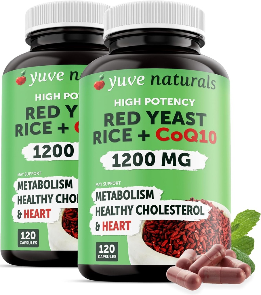 Red Yeast Rice 1200 mg Capsules with CoQ10 - Sağlıklı Cholesterol Levels, Herbal Heart Health Vegan Red Yeast Rice Supplement - Red Rice Yeast with CoQ10 for Women & Men - 120 Ct (2-Pack)