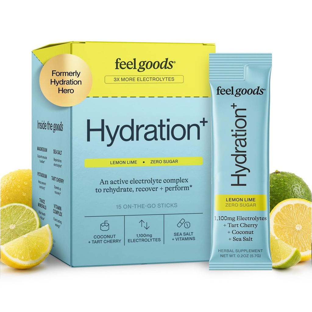Feel Goods Hydration Hero, 1000mg Ηλεκτρολυτών σκόνη, Χωρίς ζάχαρη, Μαγνήσιο, Βιολογική Αλόη Βέρα, L Θεανίνη, Βιταμίνη C & B12, Μη ΓΤΟ, Κέτο, Vegan, Ηλεκτρολυτές Packets 