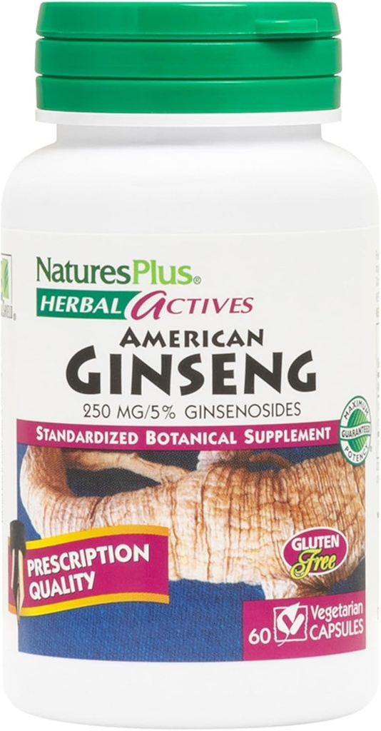 Natures Plus Herbal Actives American Ginseng - 250 mg, 5% Ginsenosides - 60 κάψουλες Vegan - Χωρίς γλουτένη - 60 Σερβιέτες