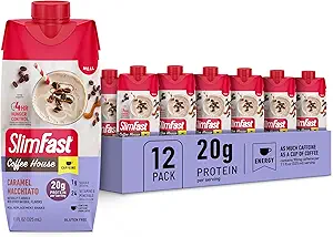 SlimFast proteini Caffeine, Caramel Macchiato- 20g protein, Meal Emekli Shakes, Low Carb ve Low Sugar, 24 Vitamin ve Minerals ile Yüksek Protein, 12 Kont (Kamp)