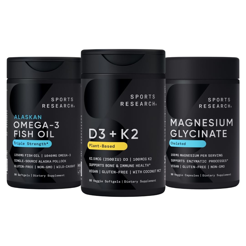 Sports Research® Multivitamin Pack - Vitamin D3 2500iu + K2 100mcg, Alaskan Omega-3 Fish Oil 1250mg, and Chelated Magnesium Glycinate 160mg