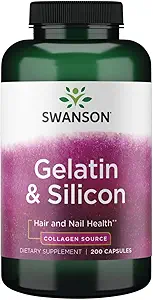 Swanson Gelatin ve Silikon - Kolajn proteinleri Sağlıklı Saç ve Çiçekleri Destekliyor - Güçlü Çiçekler ve Saçlar için Vital Mineralleri - 20 mg Silikon ve 1.08 Grams Gelatin - (200 Capsules)