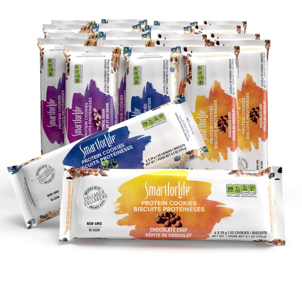 Smart for Life High Protein Cookie Diet - Variety Pack - Chocolate Chip 1 Week, Oatmeal Raisin 1 Week, Blueberry 1 Week (3 Weeks Total) - Low Carb Cookies Meal Replacement - High Fiber Cookies