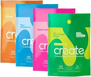 Δημιουργία Creatine Μονοένυδρη Gummies για άνδρες & γυναίκες, Boost Focus, Δύναμη, και αντοχή, Anti-Melting Formula, Vegan, Gluten-free, Μη-GMO, 1,5g Creatine per Gummy (Blue Raspberry, 90 ct)