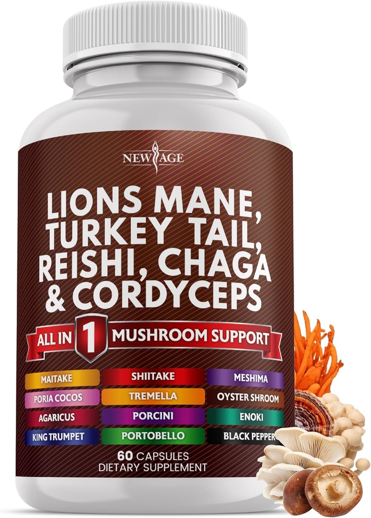 NEW AGE Lions Mane Mushroom Supplement with Turkey Tail Reishi Cordyceps Chaga with Marshmallow Root