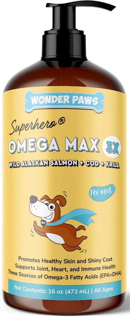 Fish Oil Wonder Paws για σκύλους - Ωμέγα 3 για σκύλους από την Αλάσκα Σολομός, Cod & Krill Oil - EPA DHA λιπαρά οξέα - Λιγότερη χύτευση & φαγούρα - Δέρμα, κοινή, ανοσοποιητική & καρδιακή υγεία - συμπλήρωμα υγρού (16 oz)