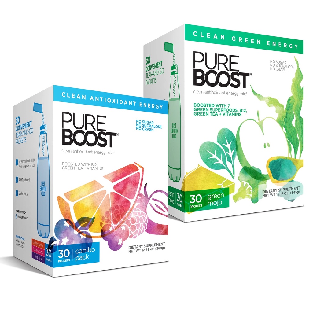 Pureboost Clean Energy and Superfoods Bundle. 60 Stick Packs. B12, Vitamin C and more. Fruity Combo Pack + Green Mojo includes 7 Organic Supergreens.