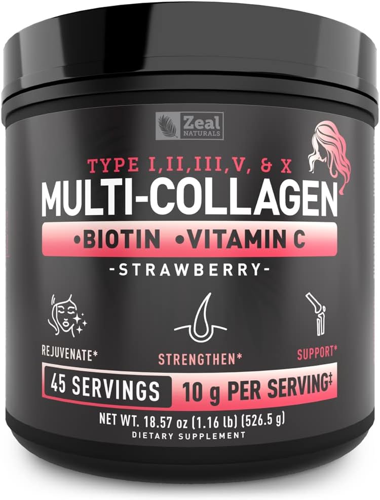 Premium Multi Collagen, Protein Toz (1, 2, 3, 5 & 10) C vitamini, Biotin, Hyaluronic Asit, Saç Cilt ve Çiçeği - Deniz, Bovine, Chicken & Eggshell (Strawberry, 45 Hizmet)