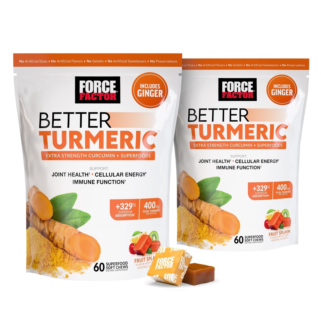 Force Factor Better Turmeric Joint Supplement Υποστήριξης για την επιπλέον κοινή υγεία δύναμης, με HydroCurc Turmeric Curcumin με Μαύρο Πιπέρι για την ανώτερη απορρόφηση, Φρούτα Splash, 120 μαλακά μάσημα
