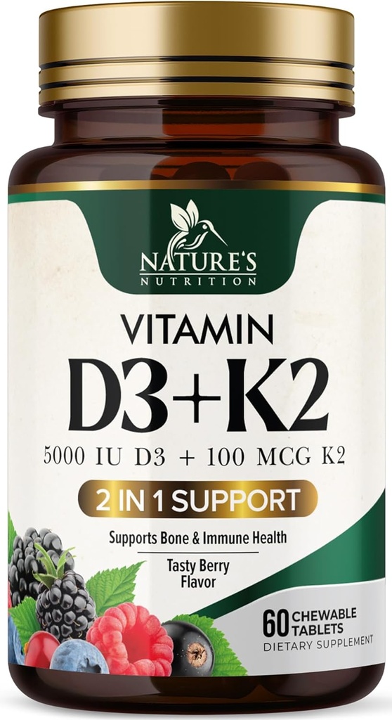 D3 K2 Supplement | 5000 IU D3 + K2 100 mcg | MK-7 K2 Vitamin D | Destek Immune, Heart, Teeth & Bone Health - Nature's Easy to Chew, VIT D3 K2, Non-GMO, Tasty Berry Flavor - 60 Tabletler