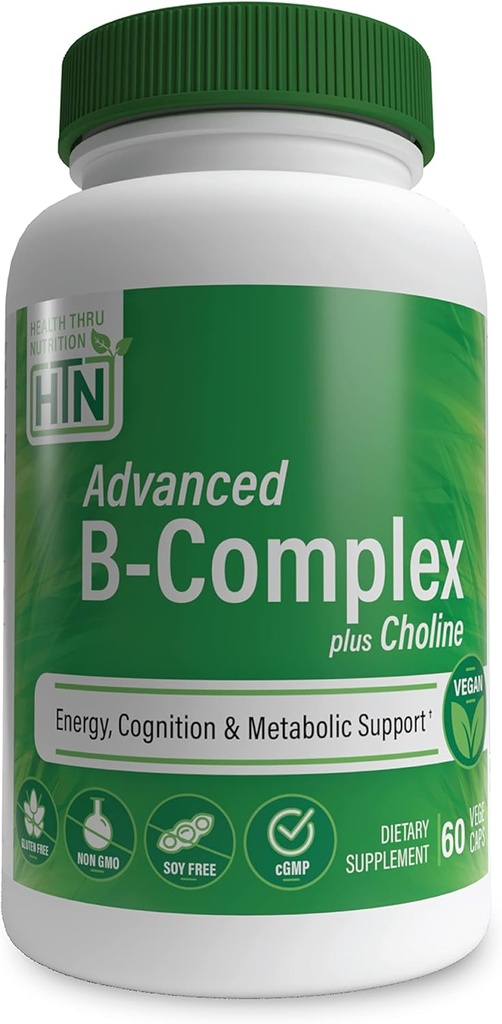 Sağlık Thru Beslenme Gelişmiş B-Complex Complete Plus Choline - Vegan | Enerji Biliş ve Metabolik Desteği | 550 mg Choline, B12, Biotin ve Daha Fazla | No-GMO ( 60)