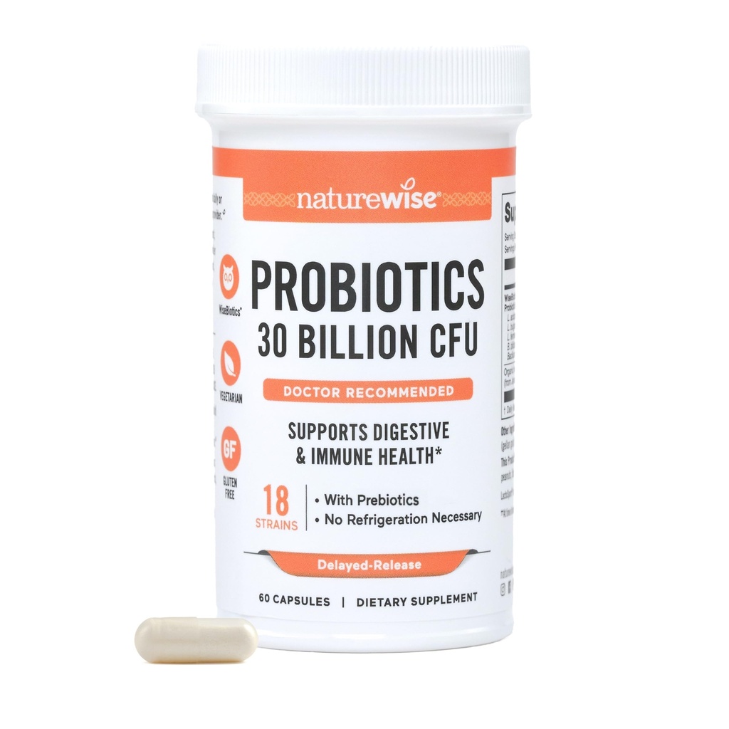 NatureWise Max Probiyotiks for Women & Men - 30 Milyar CFU 18 Strains with Prebiyotiks - For Gut & Digestive Health - Gecikmiş-Release Capsules, Gluten Free - 60 Capsules[2-Month Supply]