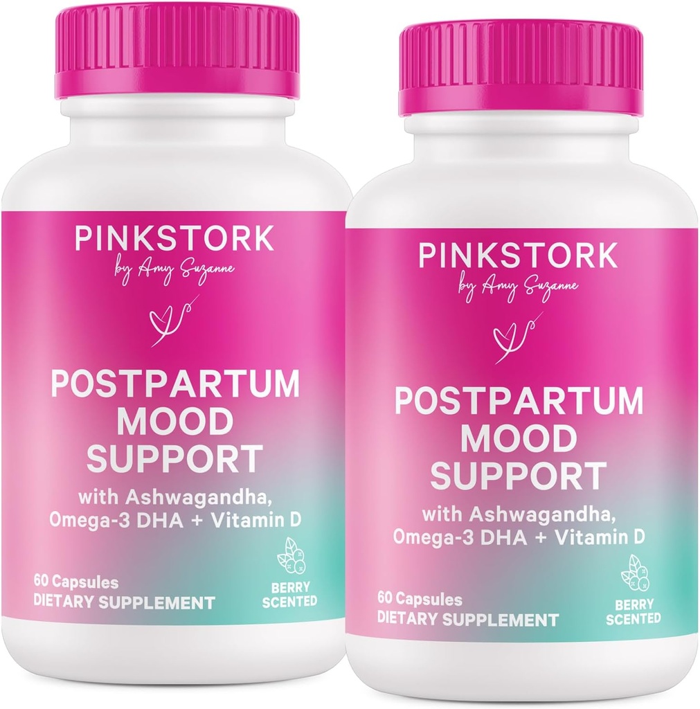 Pink Stork Postpartum Mood Support - Postnatal Hormonlar Anneler için Denge - Emzirme Dostu - Stres ve Bilişsel Destek, Postpartum Essentials - Ashwagandha, Chamomile, & Vitamin D, 120 Capsules