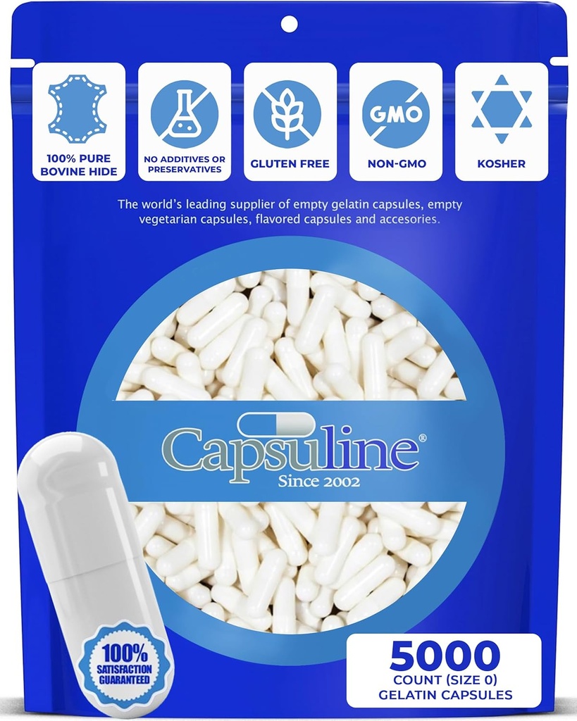 Capsuline Colored Uzunluk 0 Boş Gelatin Capsules White/White 5000 Count |Manufactured in North & South America|Kosher & Halal Sertifikalı |Gluten Free