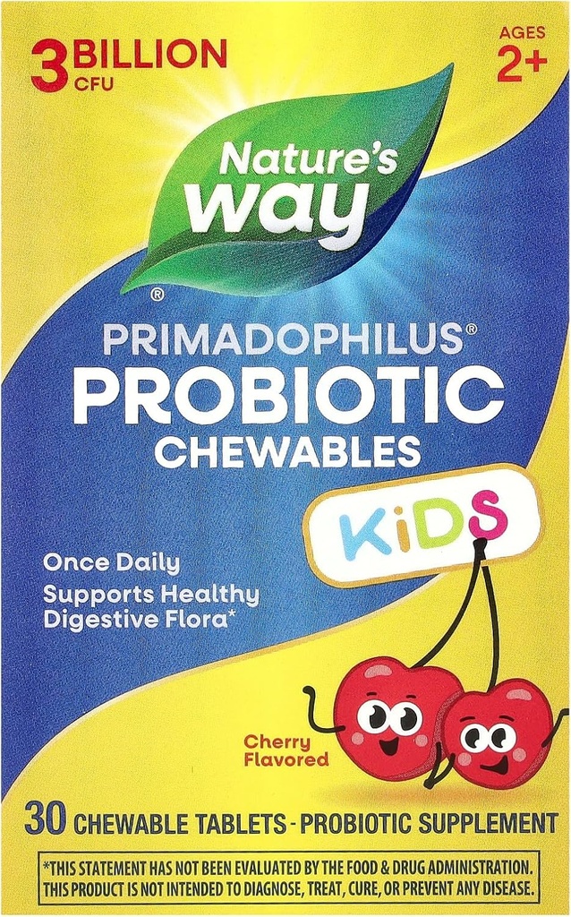 Nature's Way Primadofilius Probiyotik Chewables for Kids, Supports Health Digestive Flora*, çocuklar için 2+, 3 Milyar CFU, 30 Cherry Flavored Chewables (Pawables)