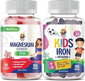 SUNNY SAM Iron Gummies for Kids & Adults & Magnesium Gummies for Adults - 500mg - Calm Magnesium Chews - Magnesium Citrate Chewable Supplement for Mood & Muscle Support. Βιταμίνες σιδήρου με βιταμίνη C.