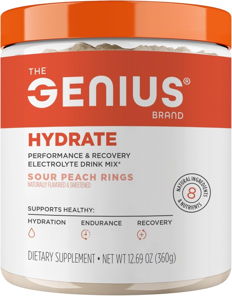 The Genius Brand Genius Hydrate - Συμπλήρωμα ηλεκτρολυτών για καθημερινή ενυδάτωση - Νερό καρύδας - Χωρίς ζάχαρη - 8 Ουσιαστικά Ορυκτά & Θρεπτικά συστατικά - Μη ΓΤΟ - Δακτυλίδια Peachάκινου - 50 Σερβιέτες