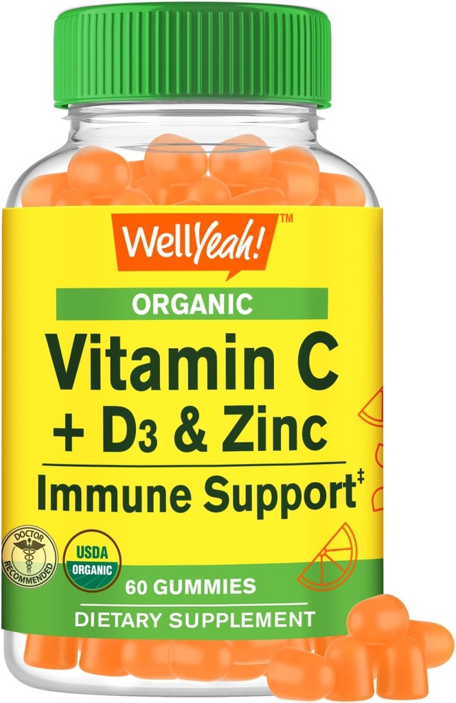 WellEvet Organik Vitamin C + D3 + çinko Gummies - Immune Boosting, Antioksi-Rich ve Bone Health Supporting, USDA Organic, Vegan ve Non-GMO - Gluten-Free Count, Nut-Free Gummy - 60
