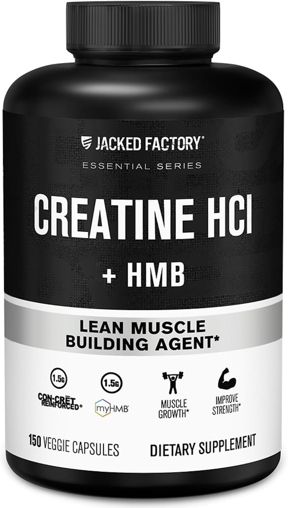 Jacked Factory Creatine HCL + κάψουλες HMB - Συνεργατικό CON-CRET, myHMB, & Vitamin D Formula για βελτιωμένη ανάπτυξη, δύναμη, & μειωμένη μυϊκή διάσπαση - 150 κάψουλες