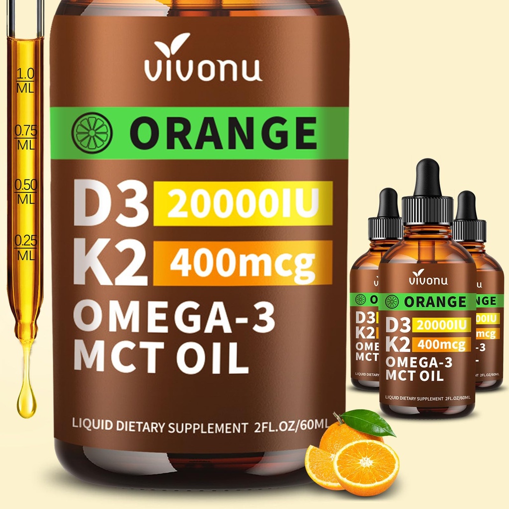 VivoNu Vitamin D3 K2 10000 IU with MK7-300 Virgin Coconut Oil Softgels, 2 in 1 Vitamins D & K Complex | Vitamina D3 con K2 (3 Bottle/6Ounces)