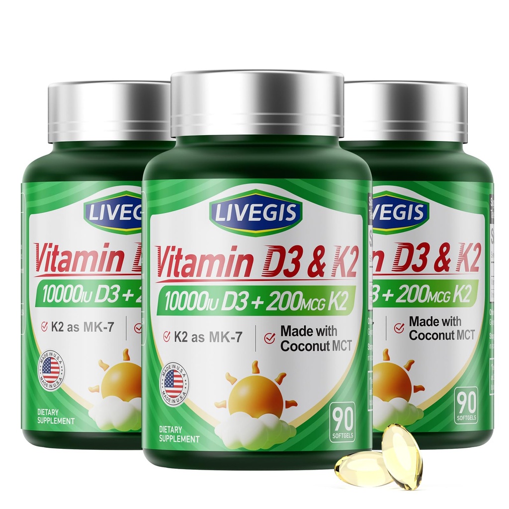 Vitamin D3 K2 Softgels, Vitamin D3 10000 IU with K2 (MK-7) 200 mcg with Coconut Oil Softgels, Easy to Swallow 2 in 1 Vitamins D & K Combo * 3 Packs (270 Counts)