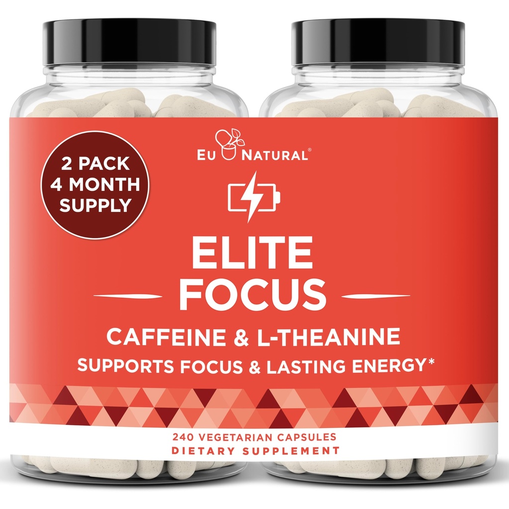Eu Natural Elite Caffeine Pills with L-Theanine - 100mg Caffeine + 200mg L-Theanine - Jitter-Free Focused Energy & Clean Nootropic Stack - 240 Soft Capsules