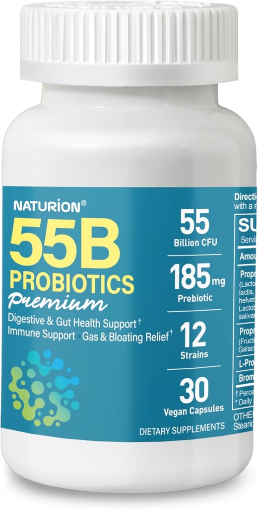 55B Probiyotiks Premium - 55 Milyar CFU, 12 Strains, 185 mg Prebiyotik - Immune Support, Digestive & Gut Health - Supports Occasional Constipation, Gas & Bloating - 30 Vegan Capsules, 30 Day Supply