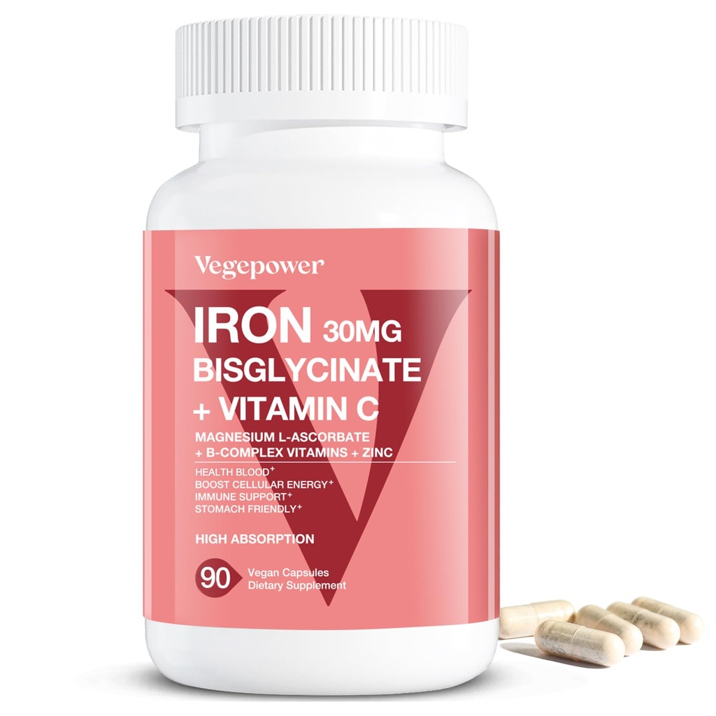 Kadınlar için Demir Supplements, Vegan Iron Bisglycinate 30 mg Plus C, B12, Folic Asit - Anemi, Sağlık Kan ve Enerji Desteği - Nazi, Yüksek Absorps, Non-GMO - 90 Capsules