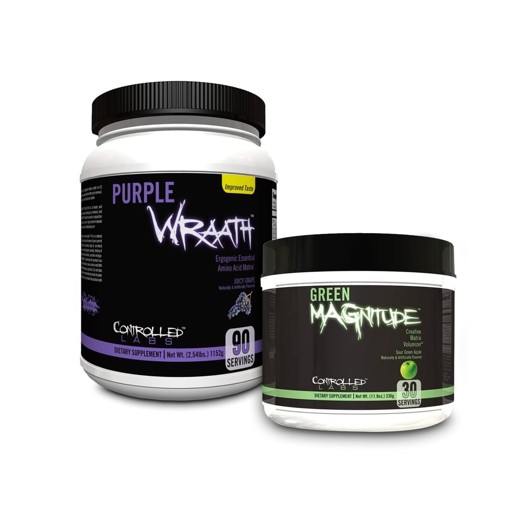 CONTROLLED LABS Bundle: Green Magnitude Creatine Sour Apple (30 Servings) + Purple Wraath Aminos Grape (90 Servings) for Strength & Recovery