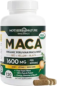 Μητρική φύση USDA Organic Maca Root Μαύρο + Κόκκινο + Κίτρινες κάψουλες Περουβιανή Maca για άνδρες & γυναίκες 1600mg, χάπια Vegan, Υποστηρίζει Mood, Ορμονική Ισορροπία Αναπαραγωγή & Ενέργεια (90ct)
