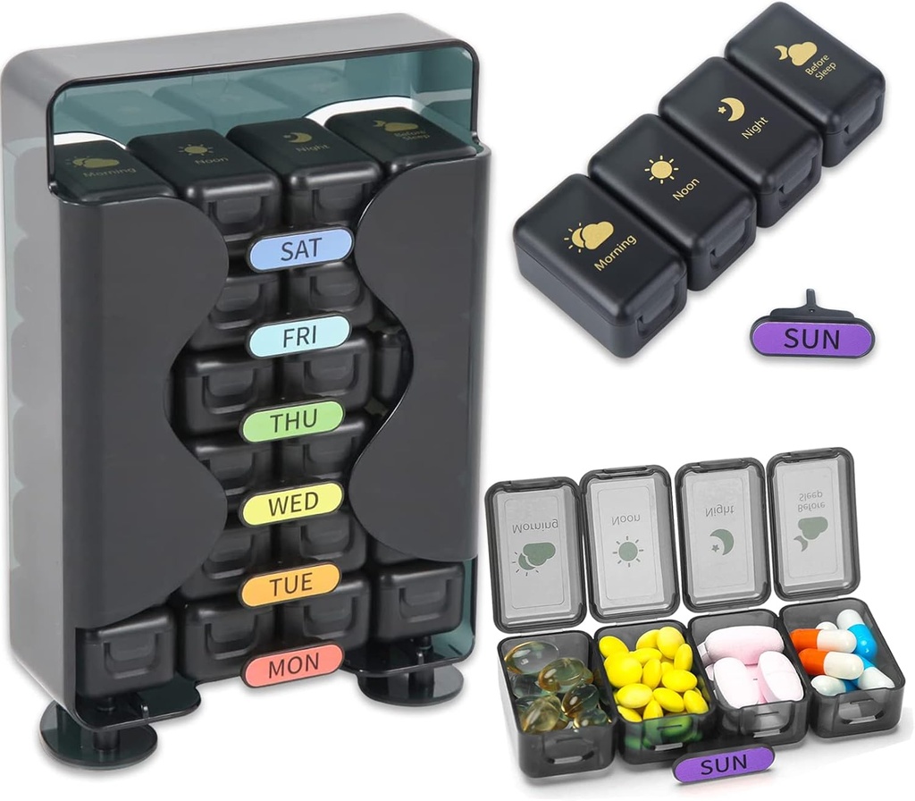 Haftalık Pill Organizer 7 Day 4 Times a Day, Büyük Pill Box Organizer with Beam Design, Daily Pill Organizer to Hold Medicine, Drug, Vitamins and Fish Oils (Black)