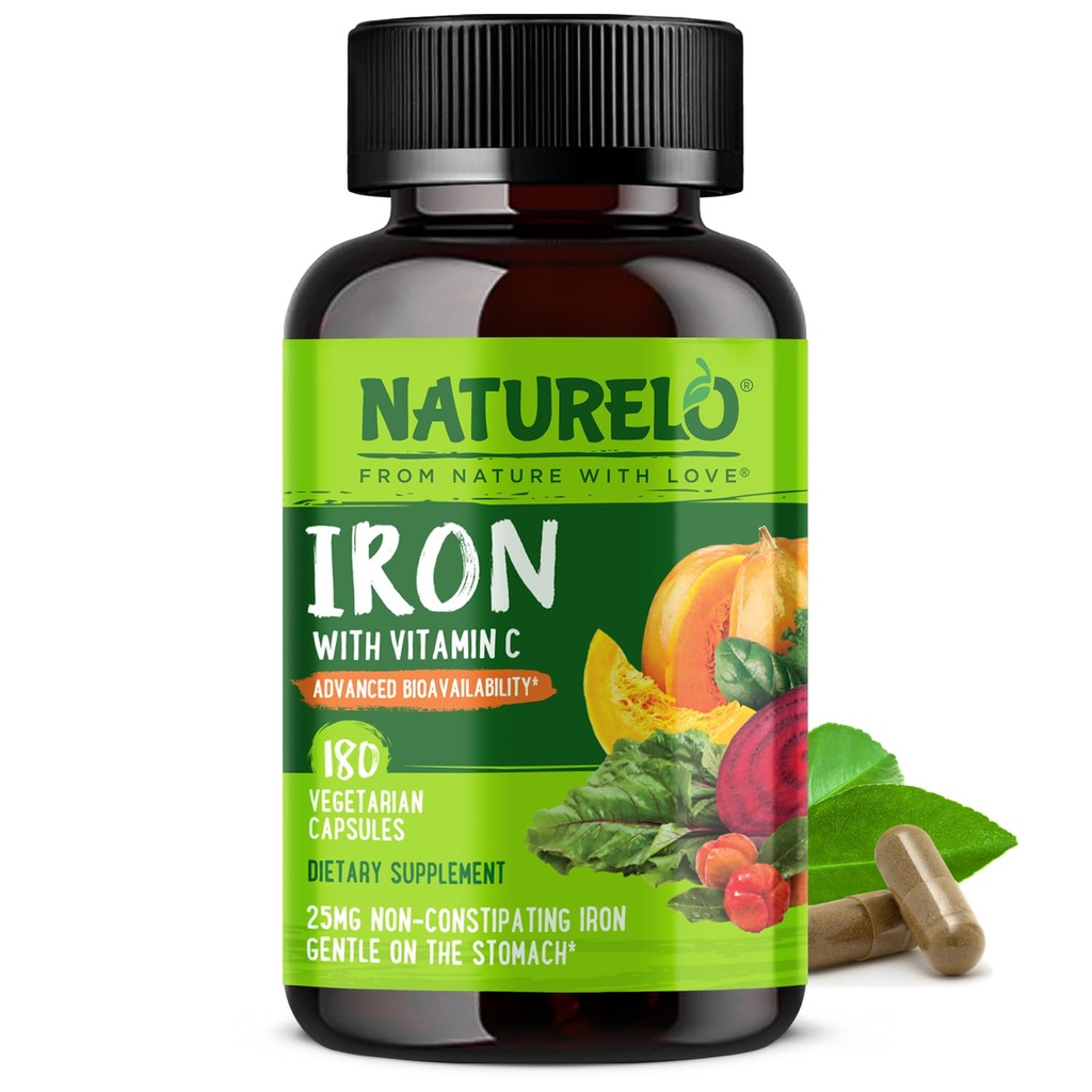C ve Organik Tüm Gıdalar ile NATLO Vegan Demir Supplement - Demir Eksikliği Alüding Gebelik, Anemi ve Vegan Diyetleri - 180 Mini Capsules
