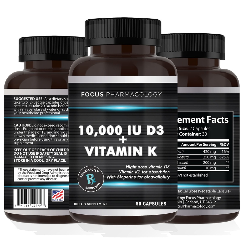 D3 Ekstra Kuvvetli Kemik | Kalp Sağlığı Non-GMO Formula 10.000 IU Vitamin D3 & 200 mcg C2 (MK7) | Swallow Vitamin K & D, 60 Capsules