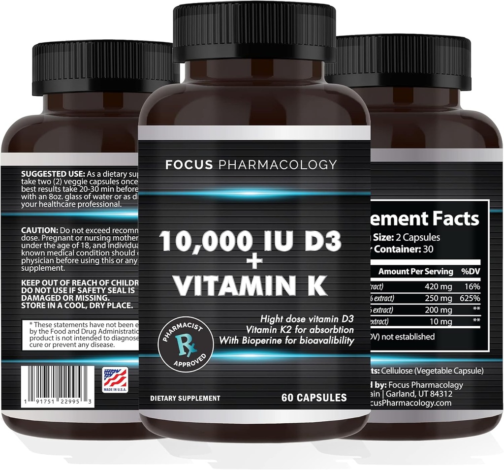 Vitamin K2 with D3 Extra Strength Supplement Bone | Heart Health Non-GMO Formula 10,000 IU Vitamin D3 & 200 mcg Vitamin K2 (MK7) | Easy to Swallow Vitamin K & D, 60 Capsules